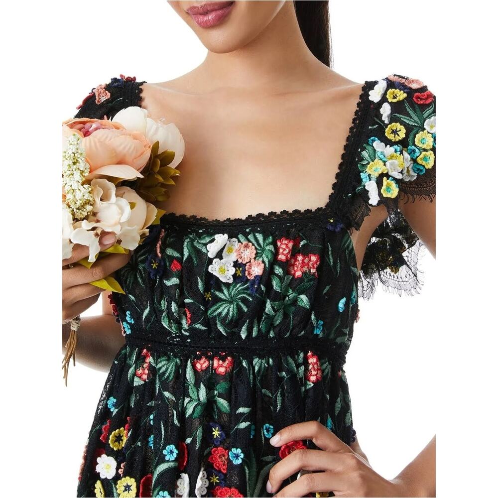 Alice + Olivia Stacey Bendet Black Floral Embroidered Lace Maxi Dress Size 12 - Picture 6 of 16